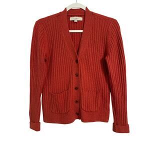 Loft Women's Preppy Orange Spice  Ribbed‎ Knit Button Pocket Cardigan Small Boho